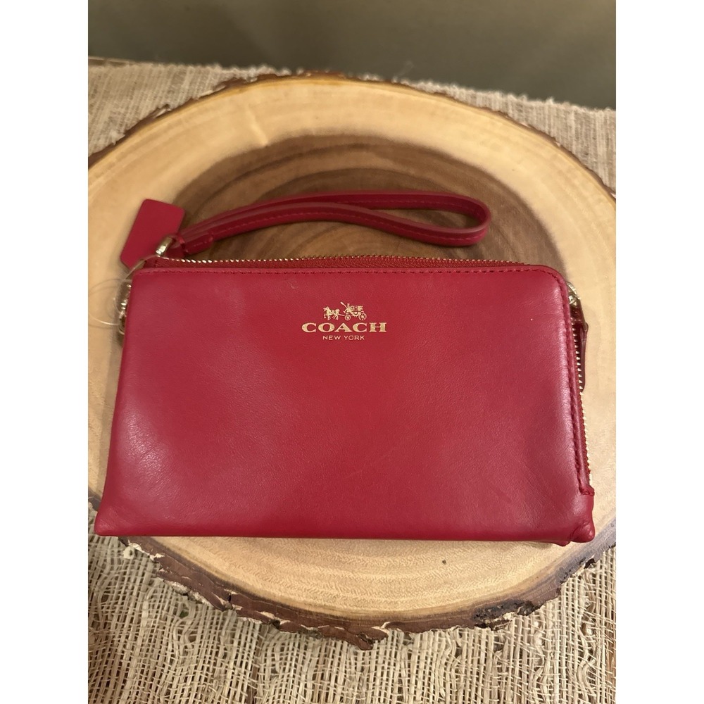 Coach F64581 Classic Red Smooth Leather Double Corner Zip Wallet Wristlet NEW
